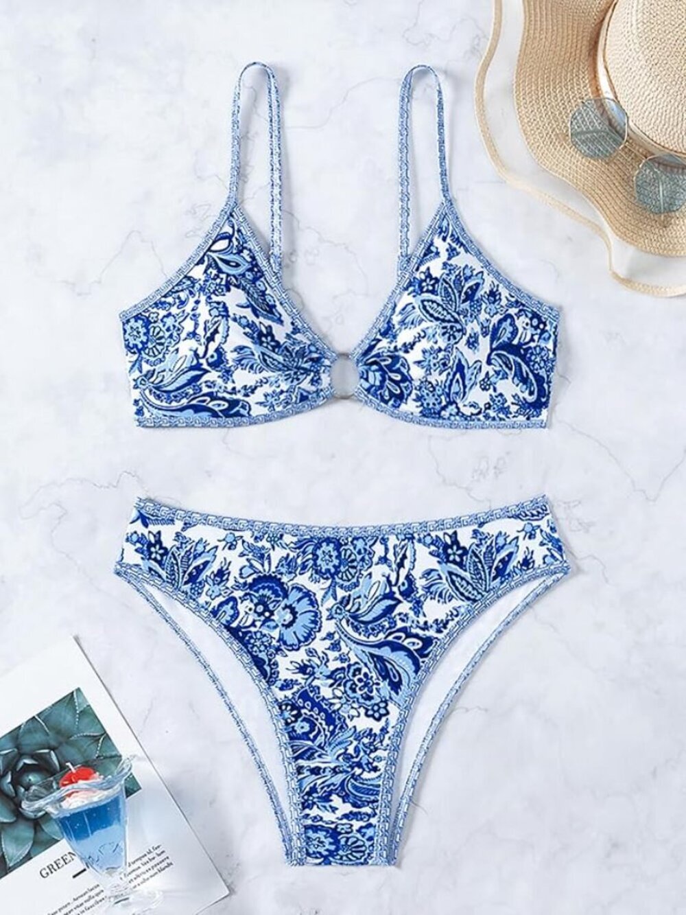🌊 NWT Fanuerg Blue & White Floral O-Ring Bikini Set XS Coastal Swim 🌊